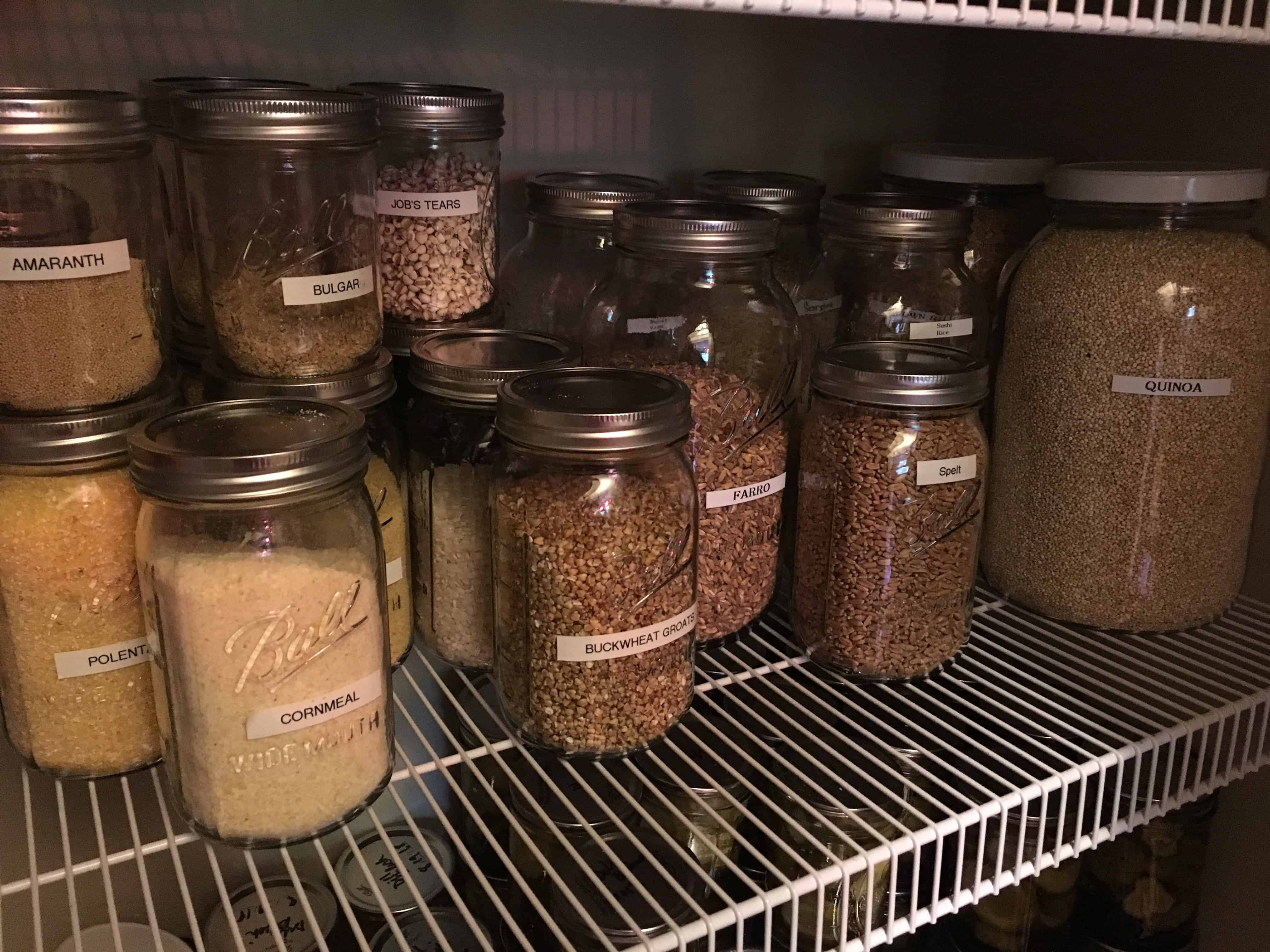 Jars of whole grains from zero waste vegan pantry https://trimazing.com