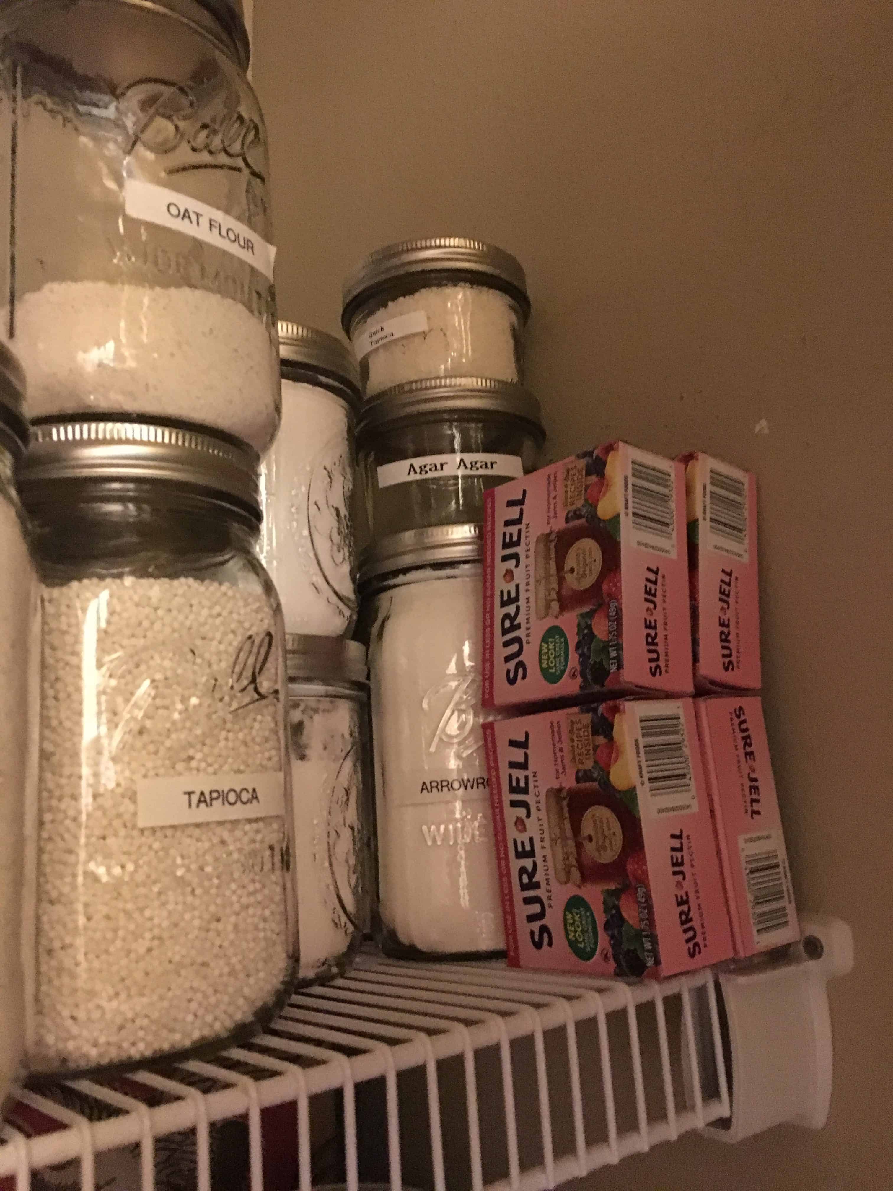 Jars of thickeners from zero waste vegan pantry https://trimazing.com