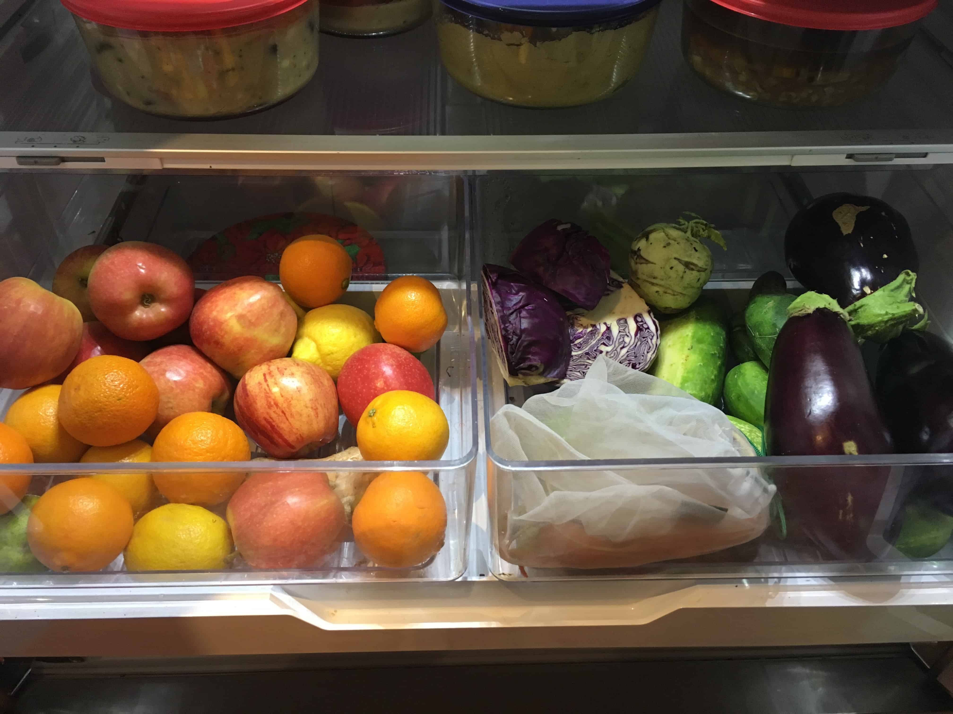 Photo of fruit and vegetable refrigerator crisper drawers full of produce. https://trimazing.com