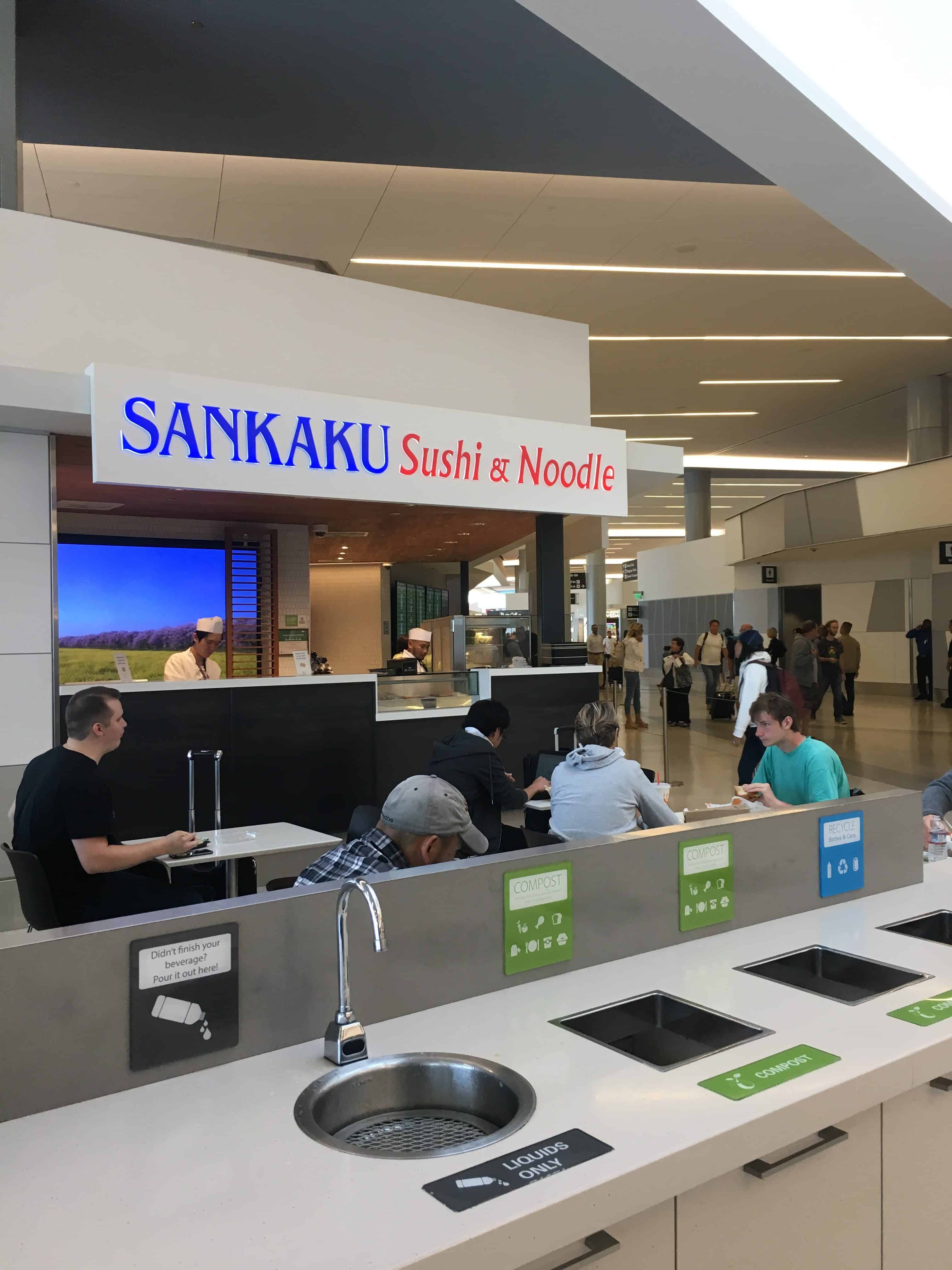 Photo of the Sankaku Sushi & Noodles restaurant at the San Francisco International Airport. https://trimazing.com