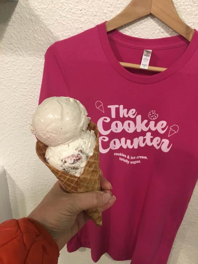 Double scoop of ice cream from The Cookie Counter in front of one of their t-shirts. https://trimazing.com