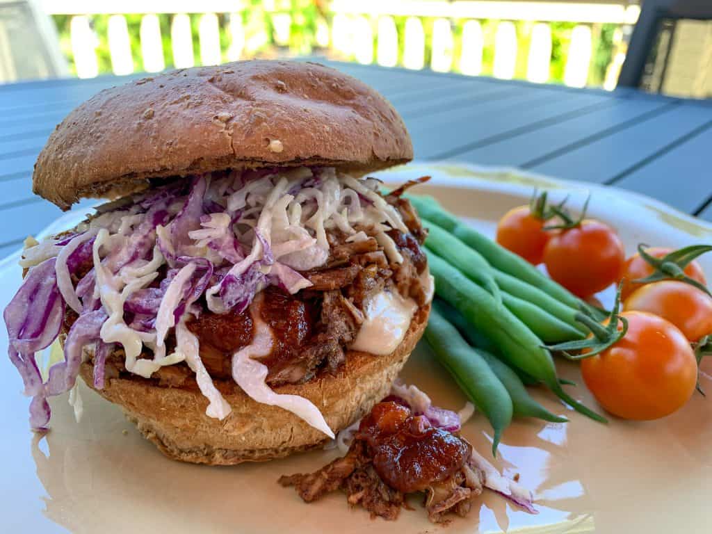 Jackfruit Slider with Steamed Green Bean "Fries" and Sungold Tomatoes.