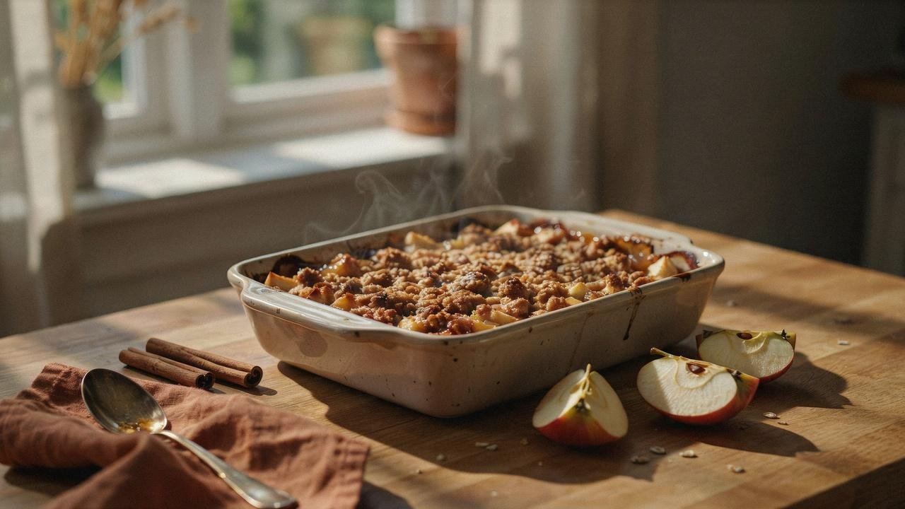 The warm apple crisp fresh out of the oven, resting on a wooden countertop to cool.