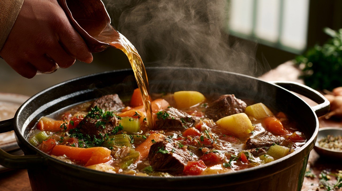 Beef broth and vegetables added to homemade soup.