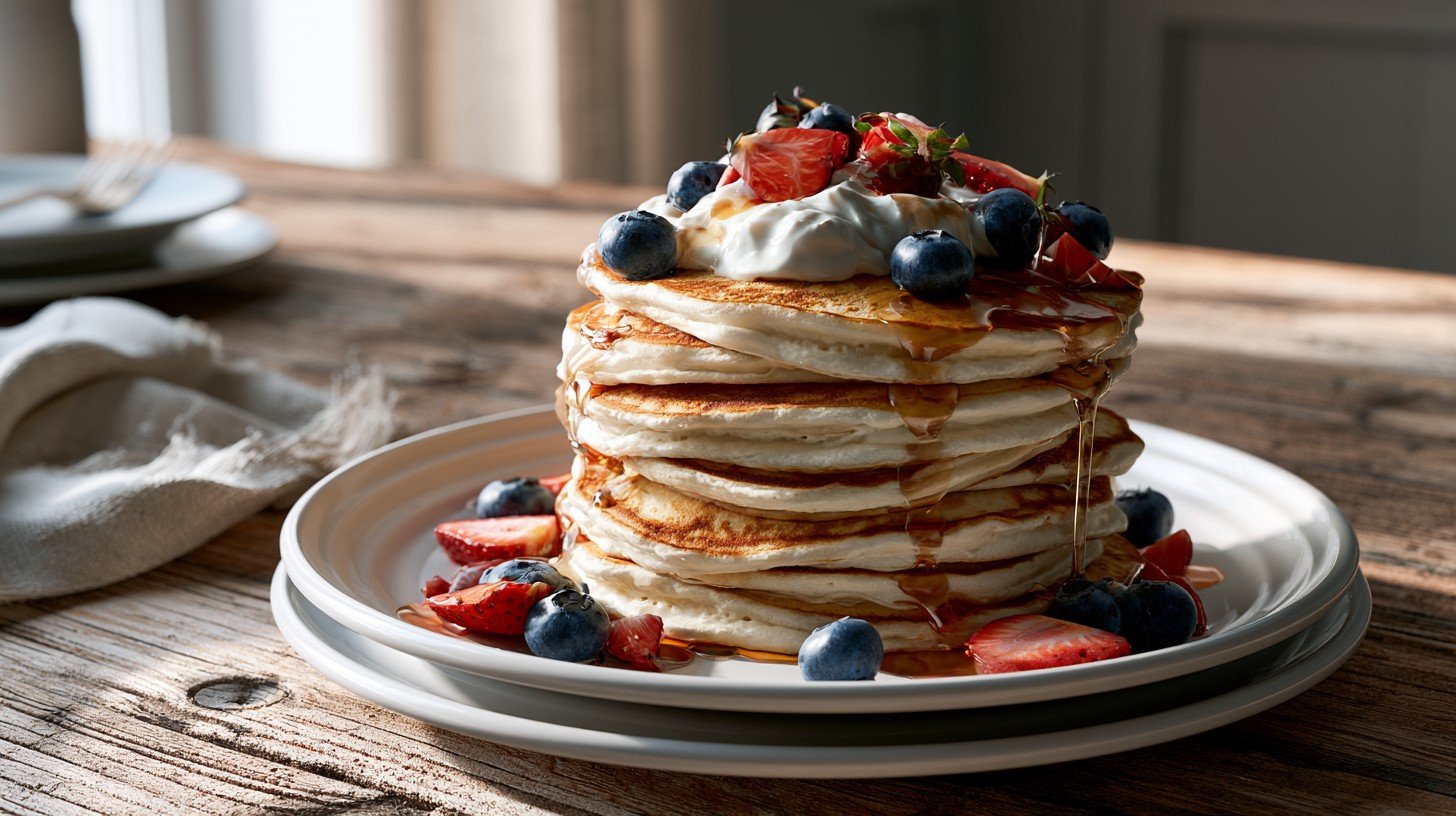 Fluffy Greek yogurt pancakes topped with berries, yogurt, and maple syrup.