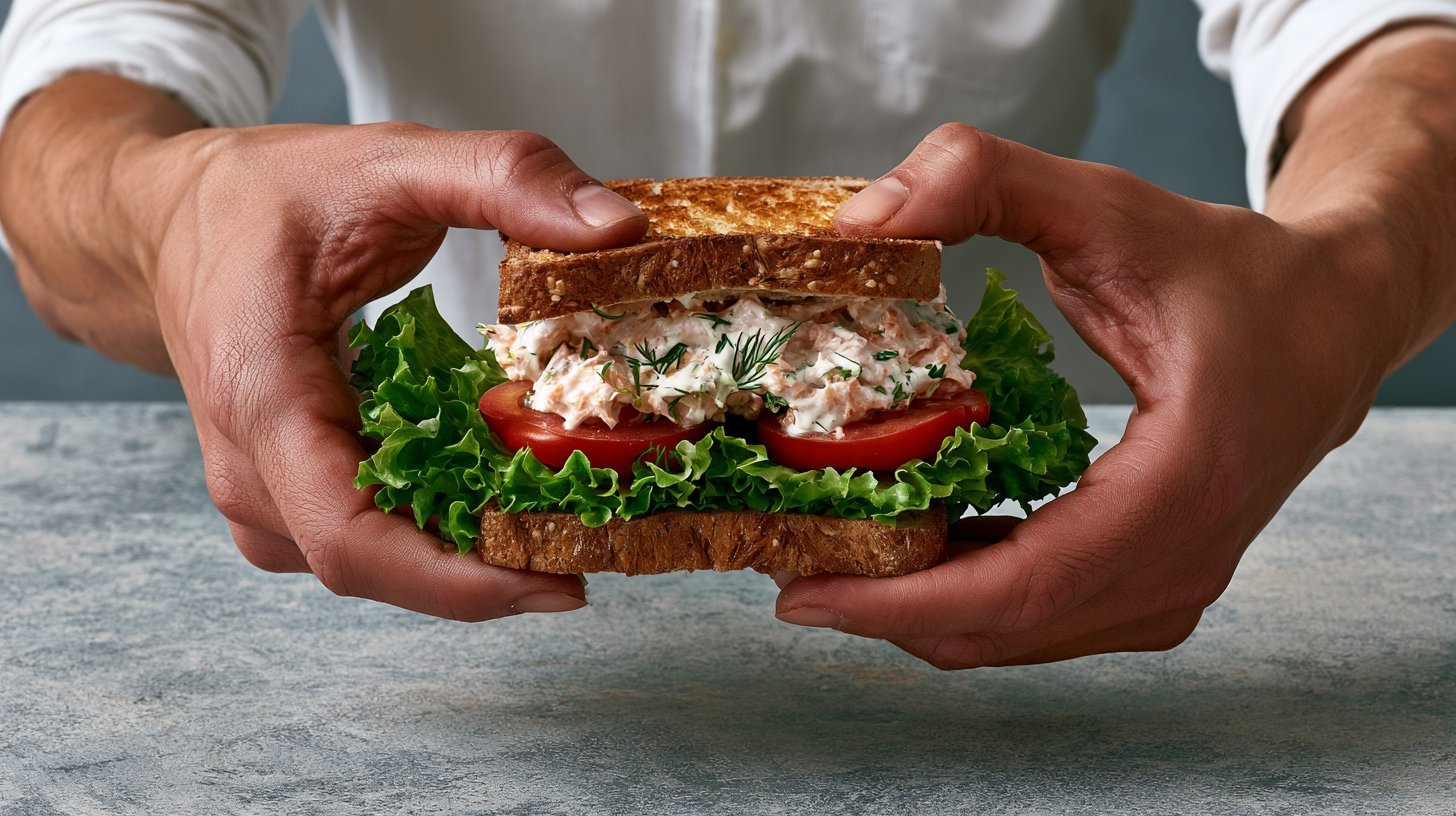 Assembling a salmon salad sandwich with fresh toppings.