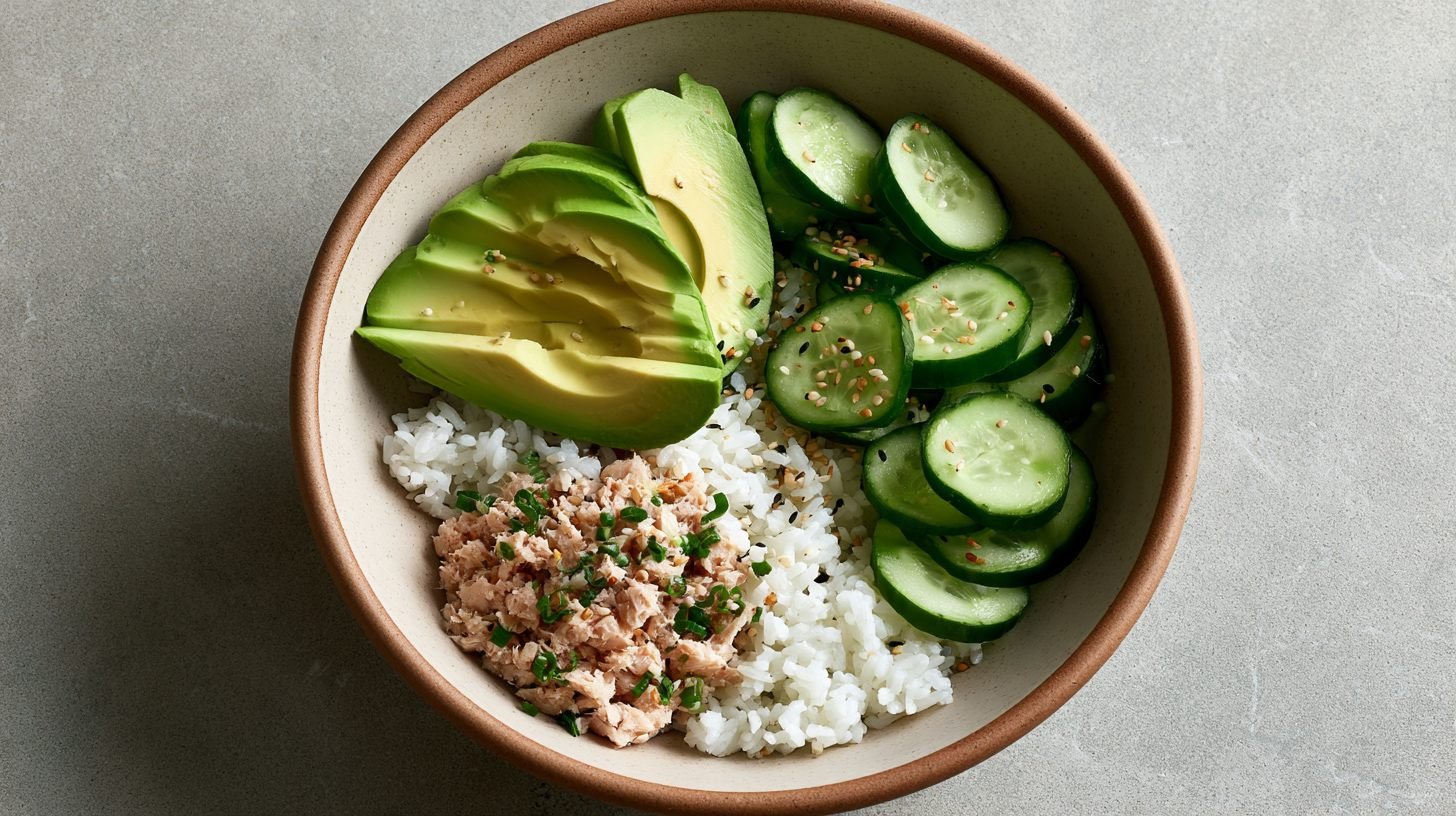 Assembling a tuna avocado rice bowl with fresh ingredients.