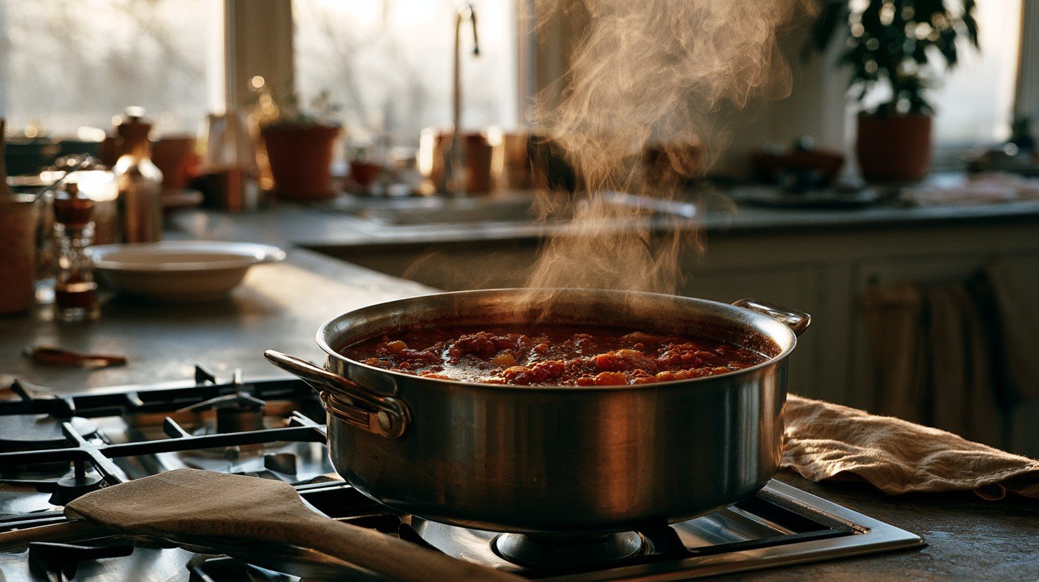 Healthy chili simmering until thick and flavorful.