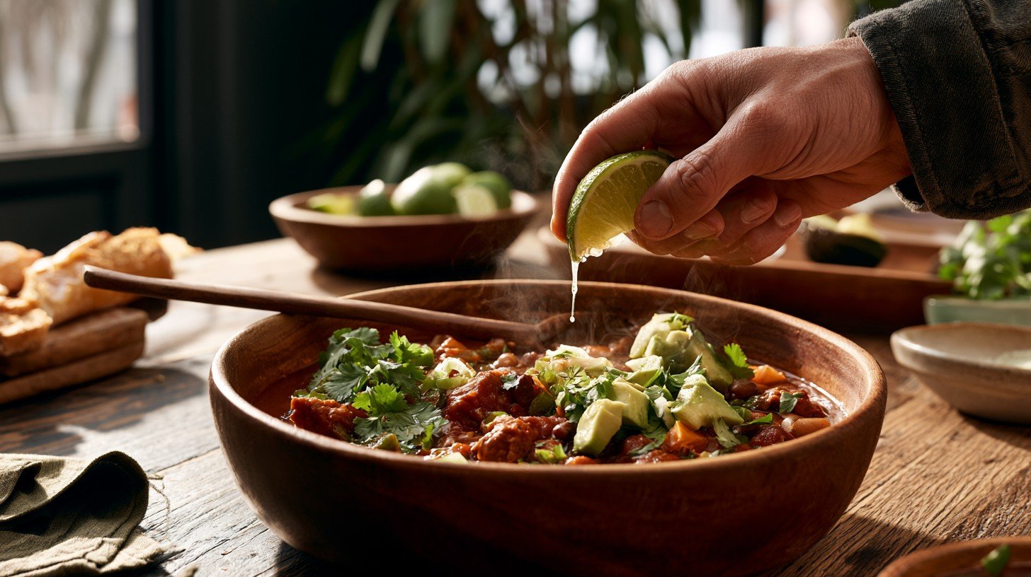 Fresh lime juice added to healthy chili.