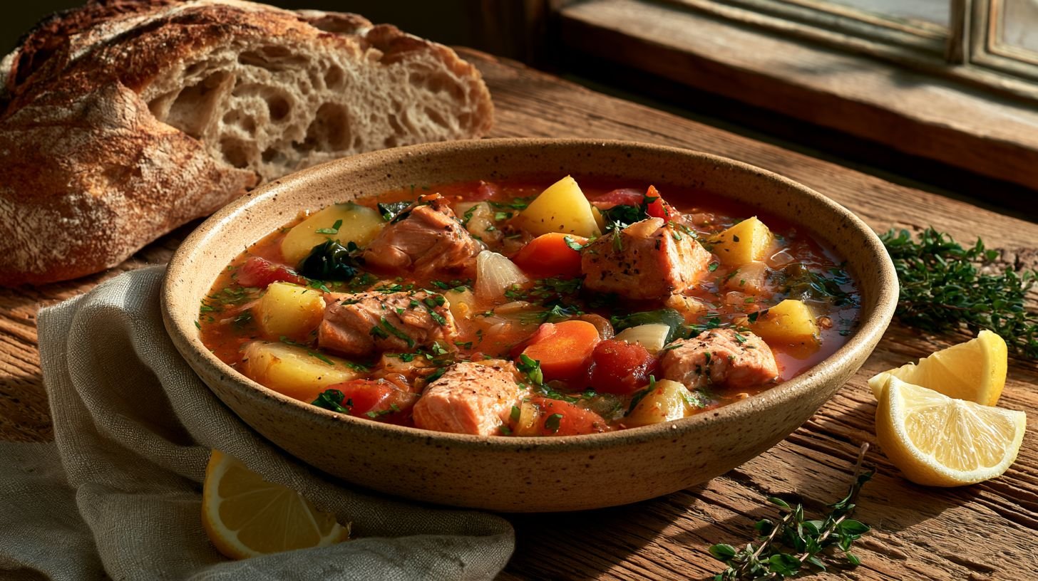 Hearty salmon stew with salmon, potatoes, vegetables, and crusty bread on a rustic table.