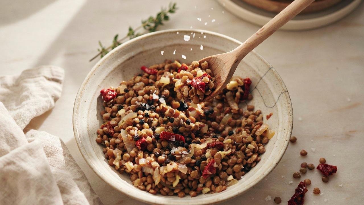 Wooden spoon adding salt and pepper to lentils with onions, garlic, and sun dried tomatoes.