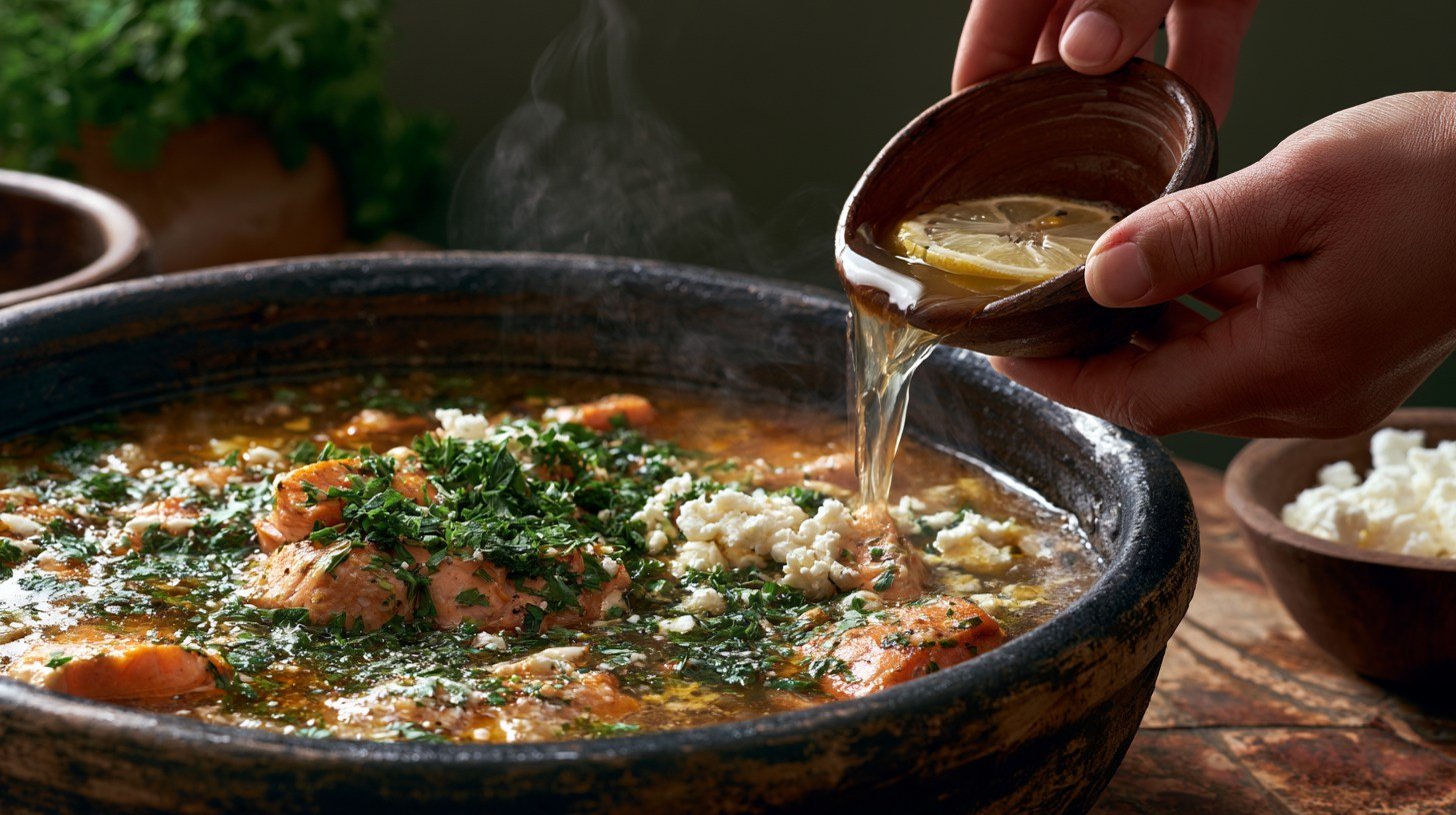 Fresh herbs and lemon added to salmon stew.