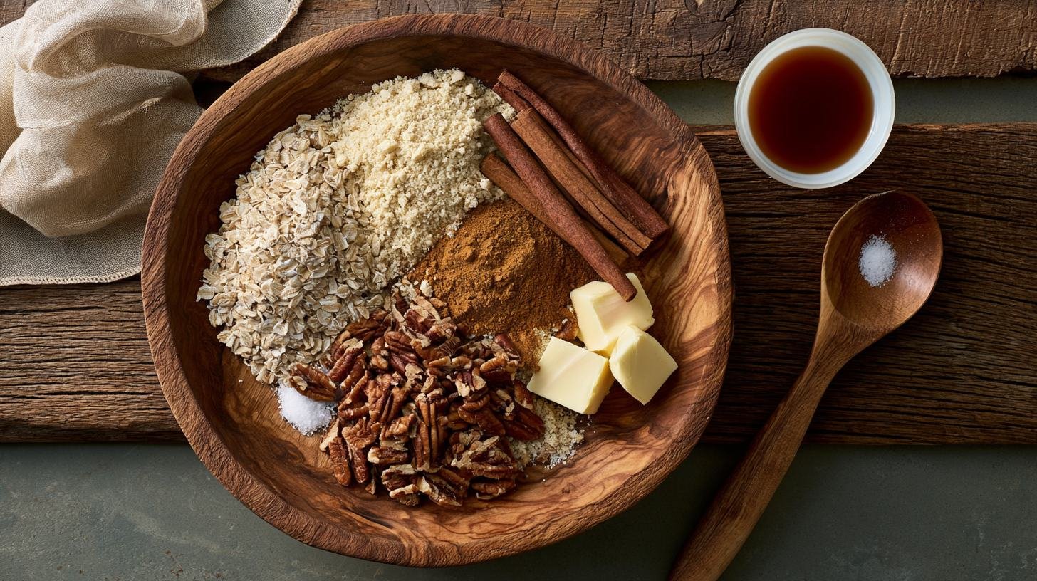 Healthy crisp topping ingredients including oats, almond flour, pecans, butter, cinnamon, and coconut sugar.