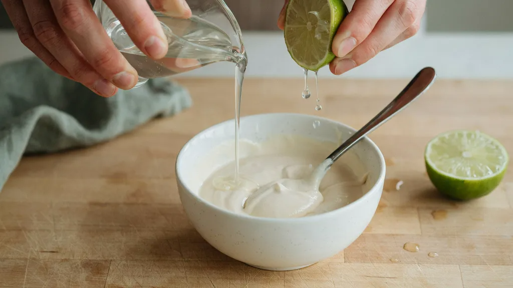 Adjusting the texture and seasoning of vegan crema.