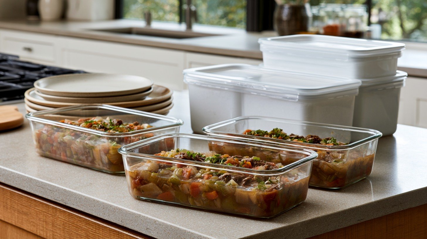 Vegetable beef soup stored in airtight containers.