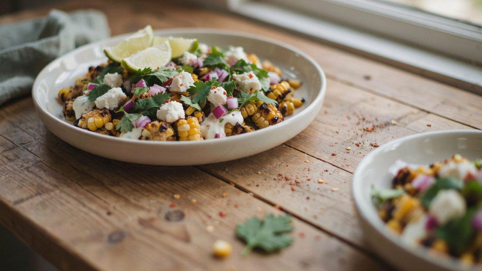 Healthy Mexican street corn salad with grilled corn, Greek yogurt, cilantro, cotija cheese, and fresh lime.
