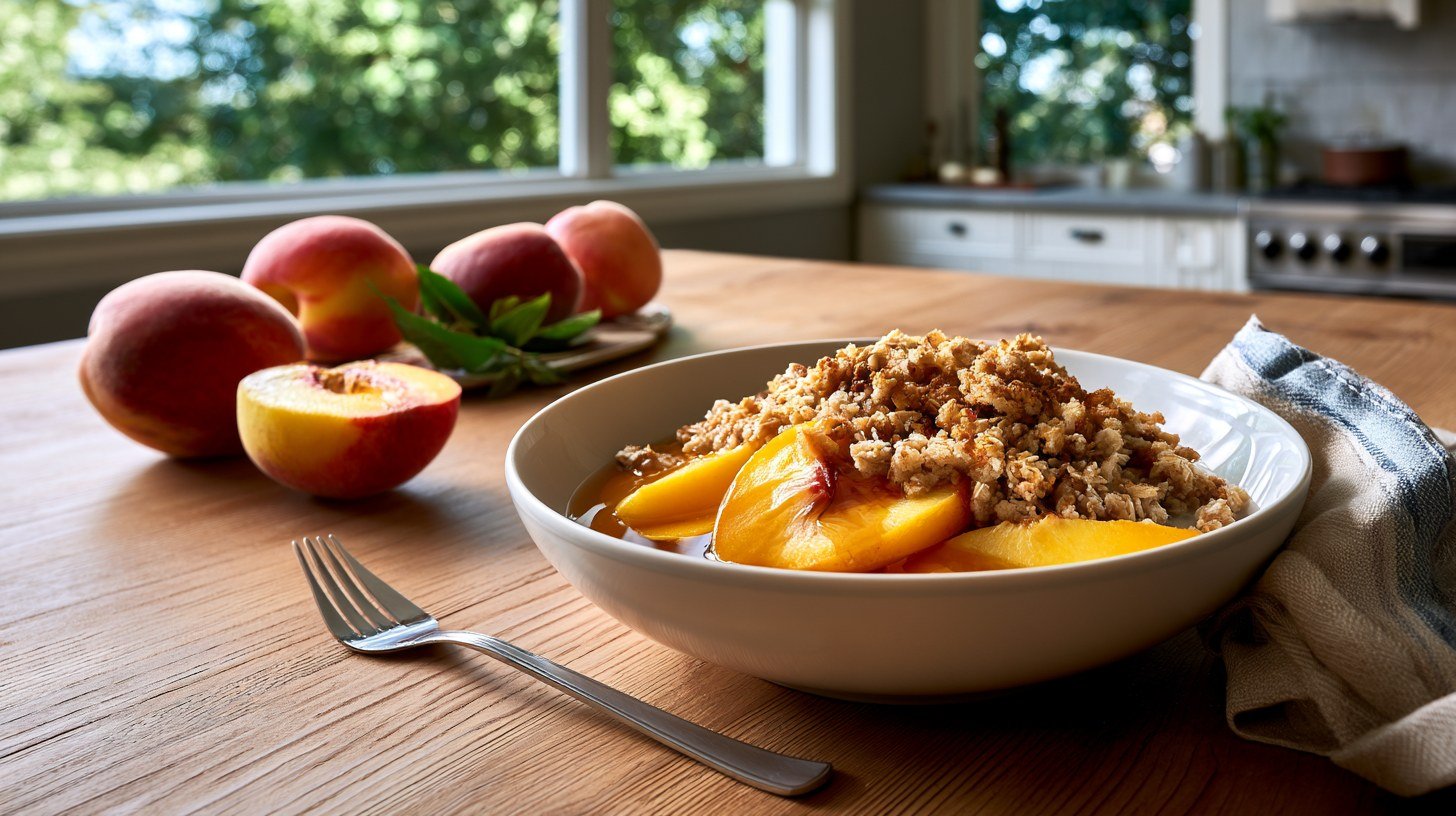 Bowl of healthy peach crisp with juicy peaches and crunchy oat topping.