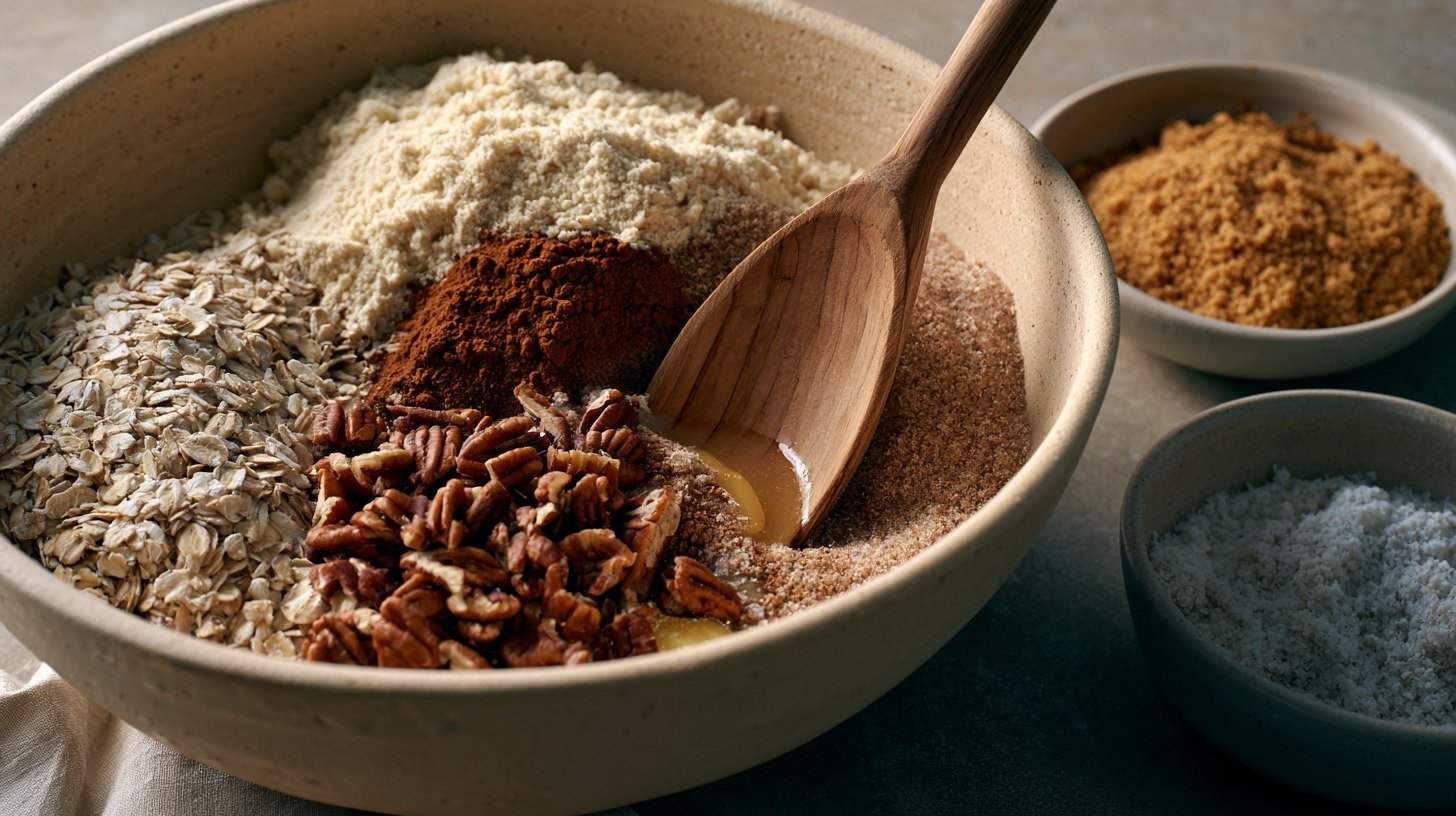 Mixing healthy oat crumble topping for peach crisp.