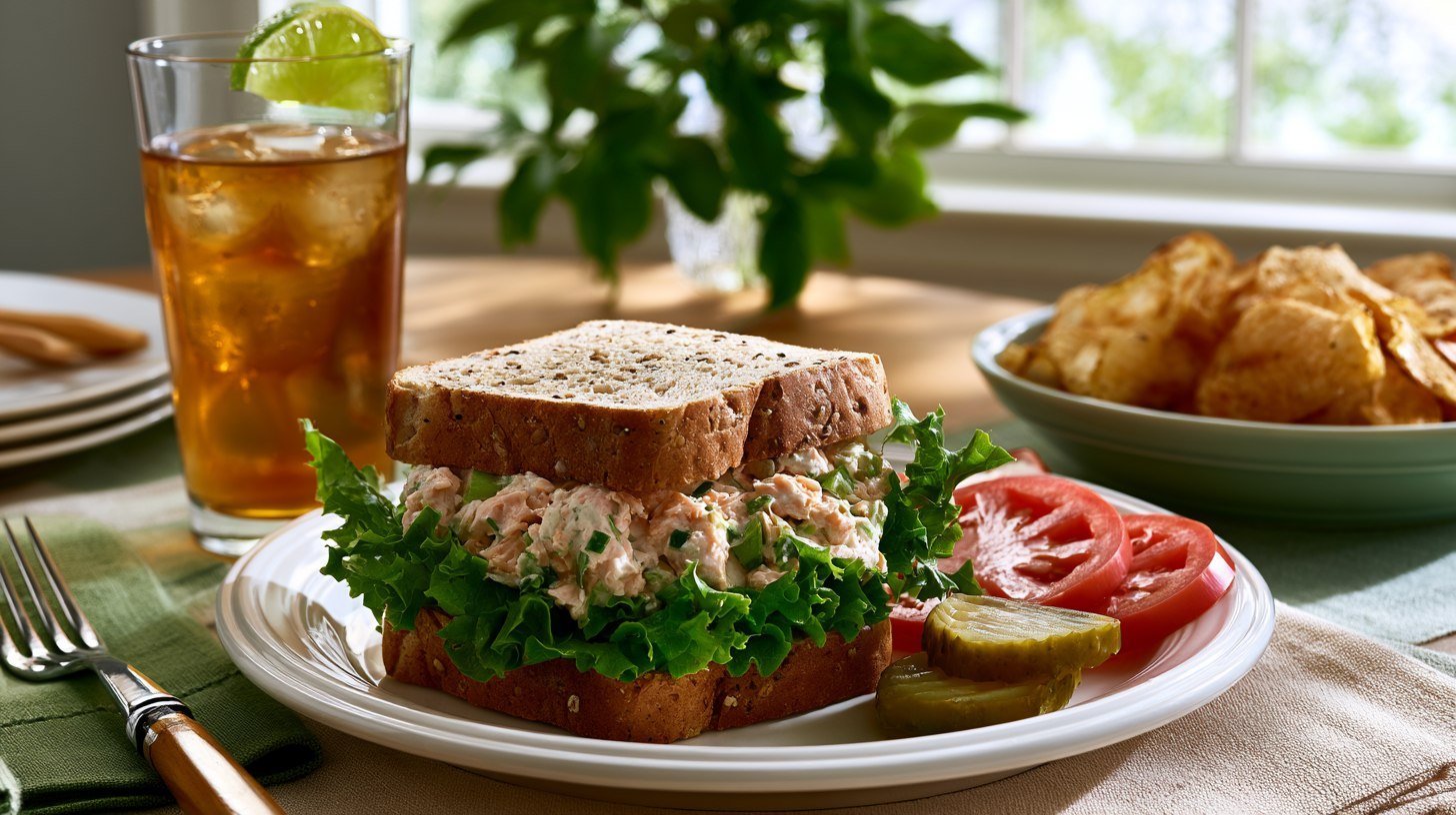 Homemade salmon sandwich served with chips and iced tea for an easy lunch.