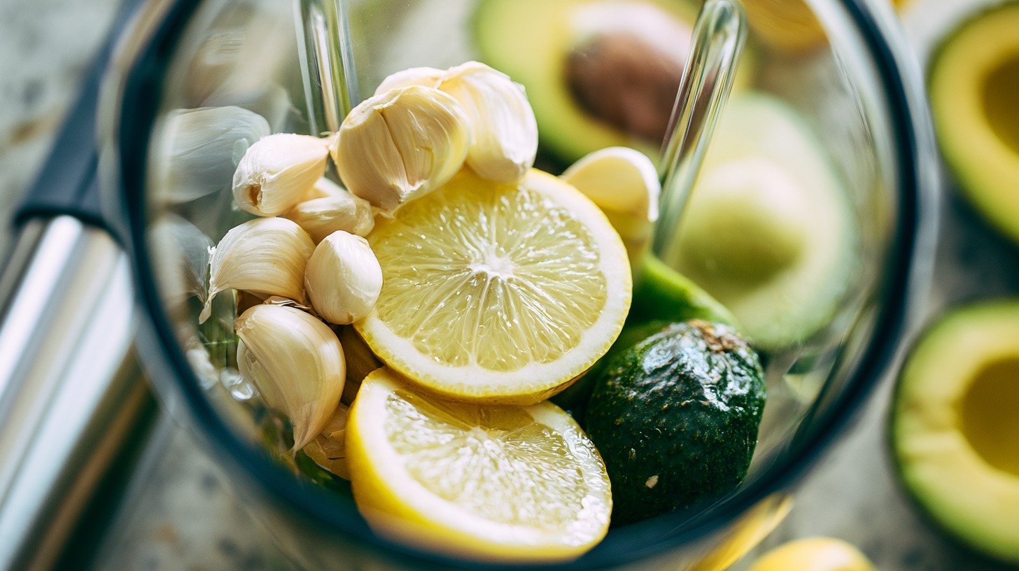 Overhead shot of fresh garlic cloves, sliced lemon, and ripe avocado being placed into a glass blender.