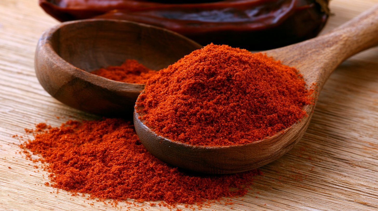 Wooden spoons hold red paprika powder on a wooden table.