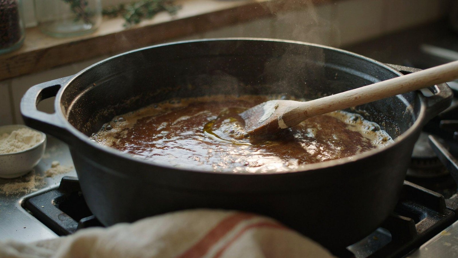 Healthy whole wheat roux cooking in a Dutch oven with olive oil and wooden spoon stirring.