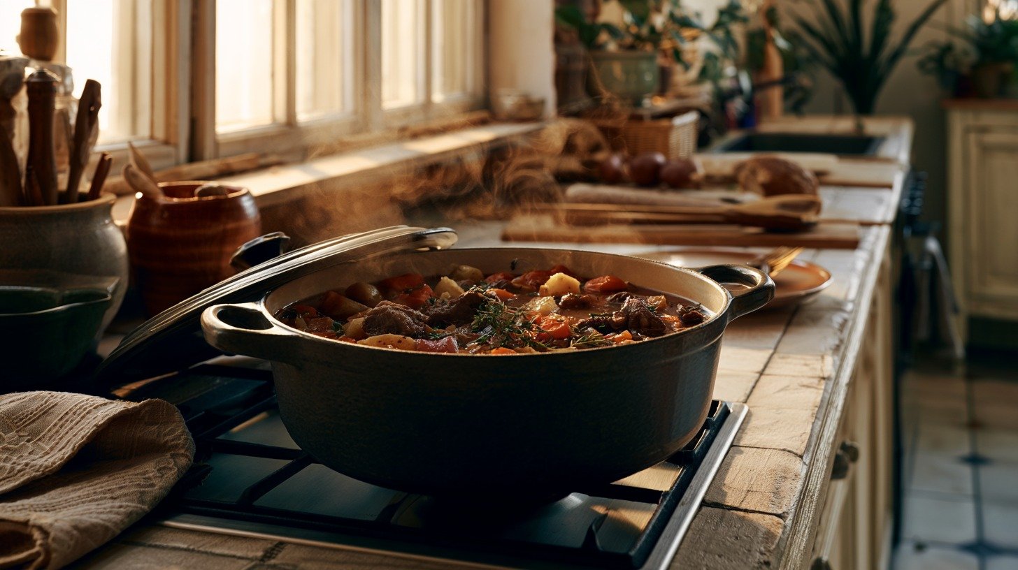 Vegetable beef soup simmering until tender.