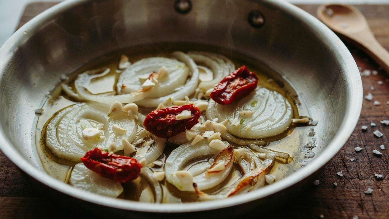 A close up shot of onions cooking in oil in a stainless steel pan with chopped garlic and sun dried tomatoes just added.