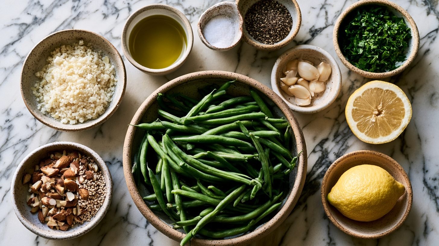 Fresh ingredients for roasted green beans including olive oil, garlic, Parmesan, lemon, herbs, and seasonings.