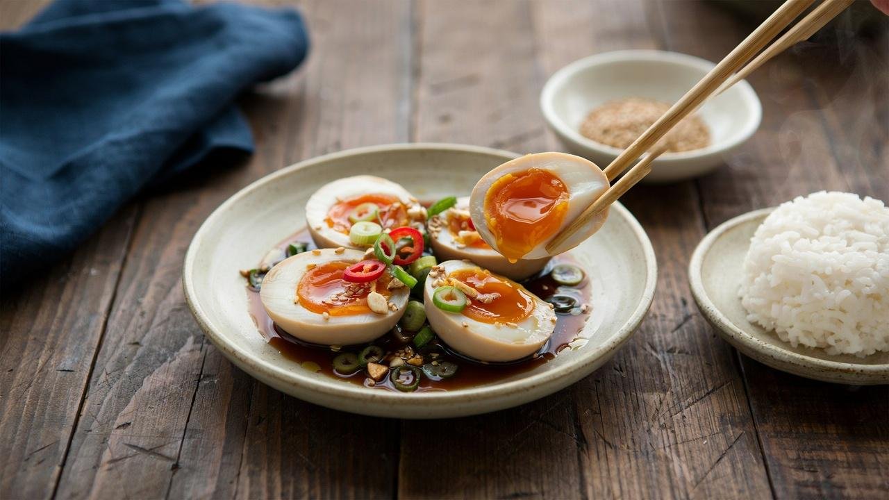 Close-up of Korean drug eggs with jammy yolks in a soy sauce marinade, served with steamed rice and Korean-style garnishes.