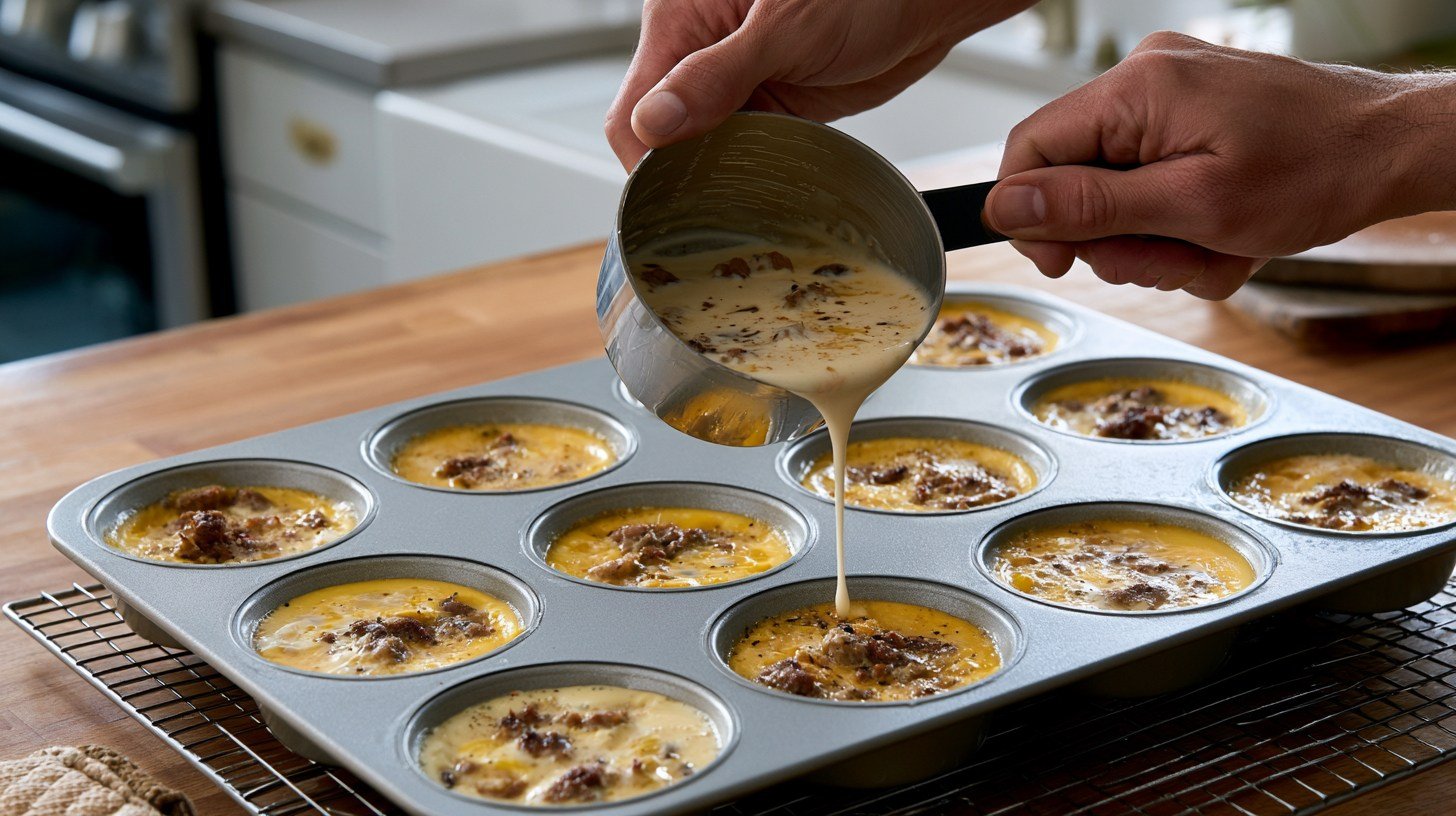 Filling a muffin tin with egg and sausage mixture before baking.
