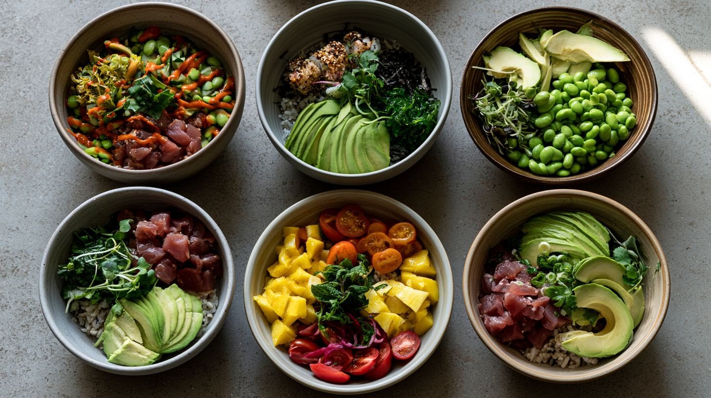 Different variations of tuna avocado rice bowls with perfect toppings.