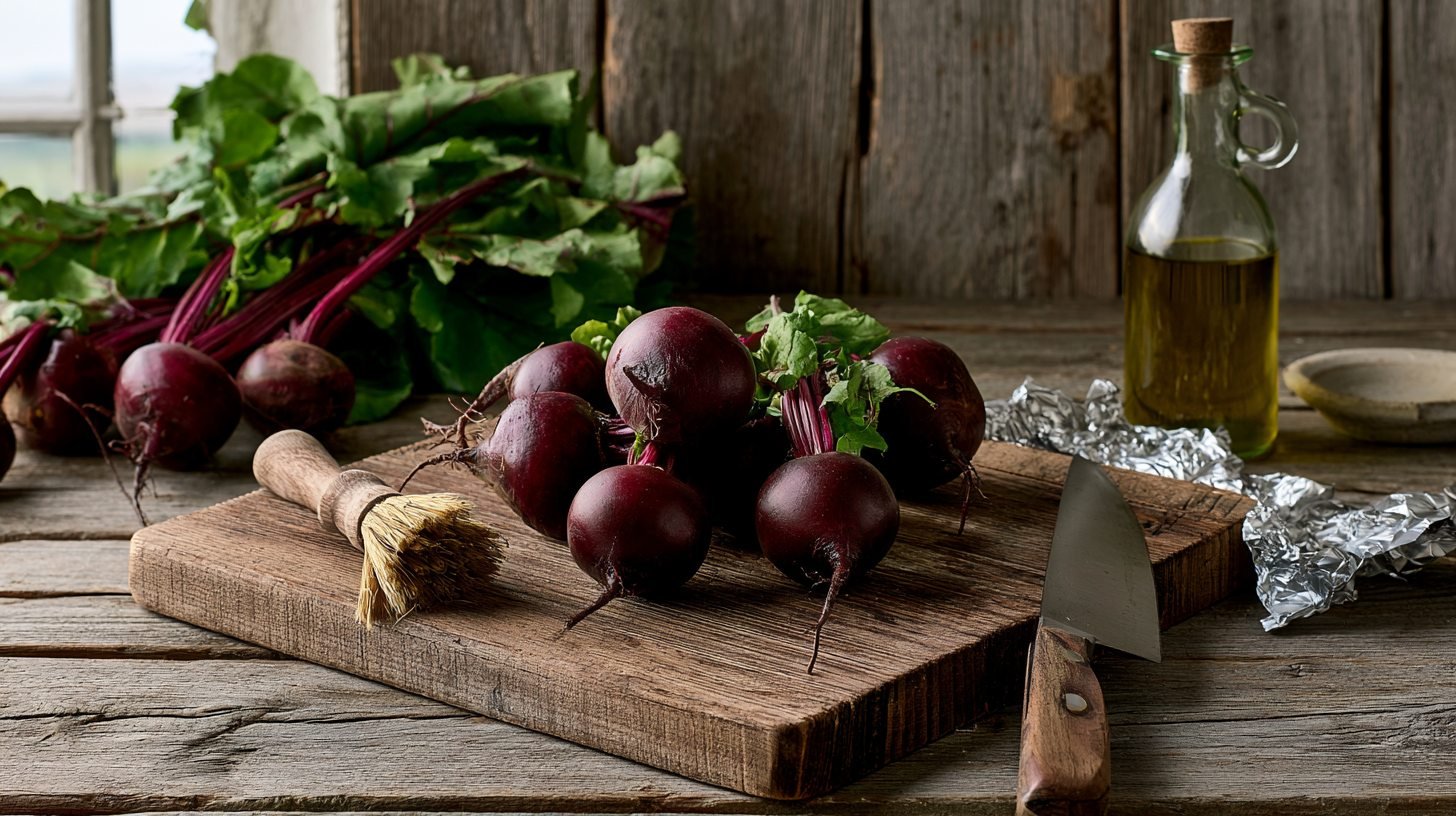 Preparing whole beets before roasting in foil.