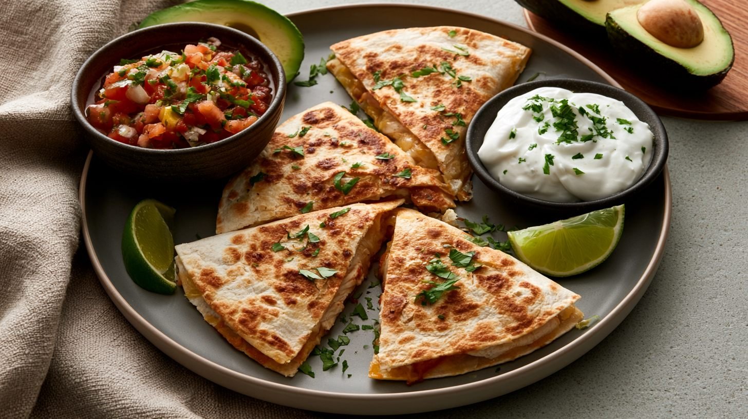 Sliced healthy chicken quesadilla served with fresh dips