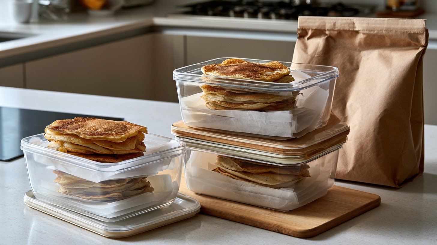 Storing and freezing leftover Greek yogurt pancakes in airtight containers.
