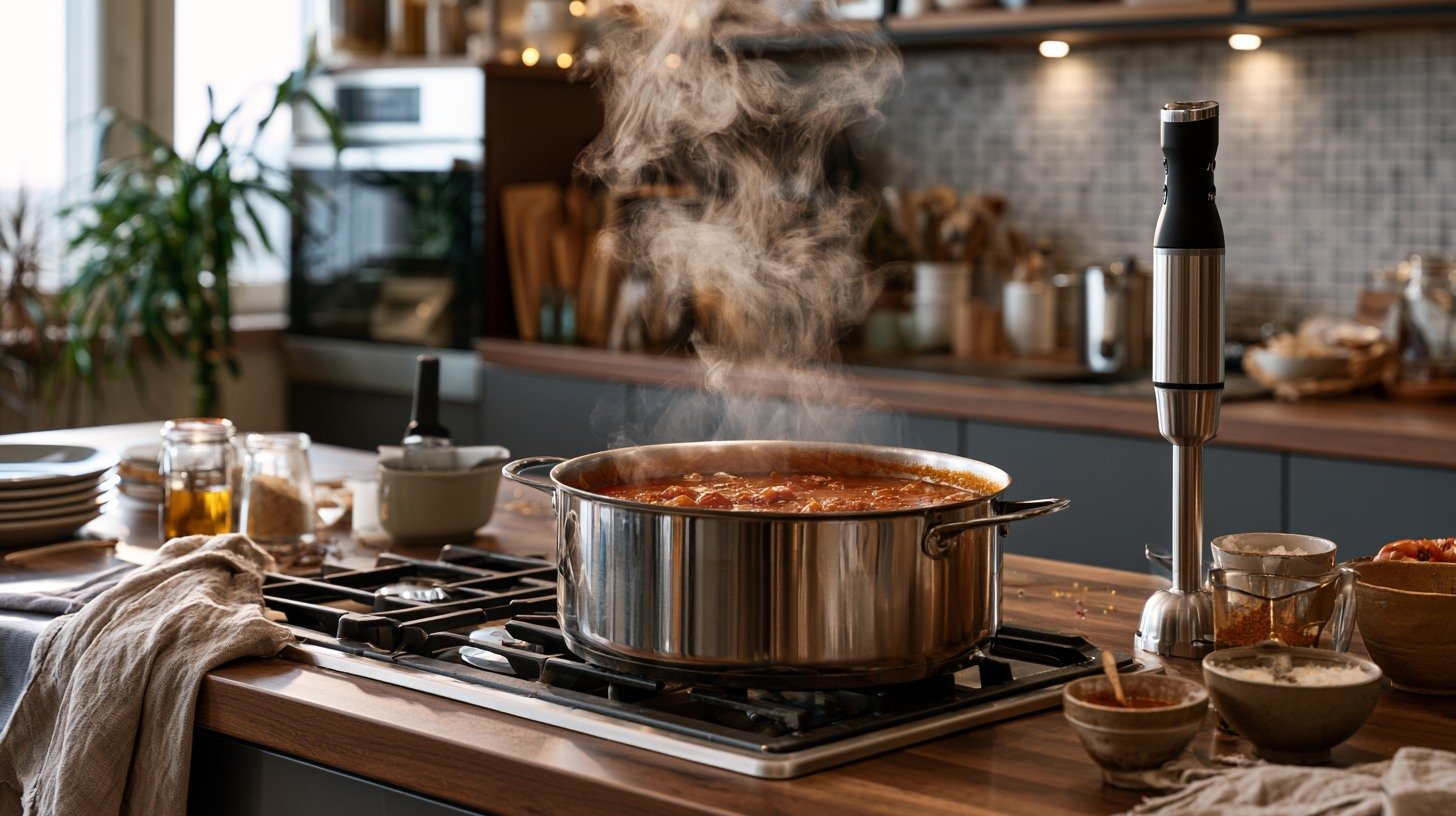 Immersion blender pureeing cherry tomato soup into a smooth and creamy texture.