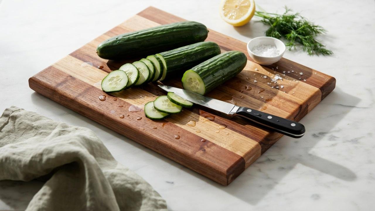 Fresh cucumbers sliced into thin circles on a wooden cutting board with a sharp knife.