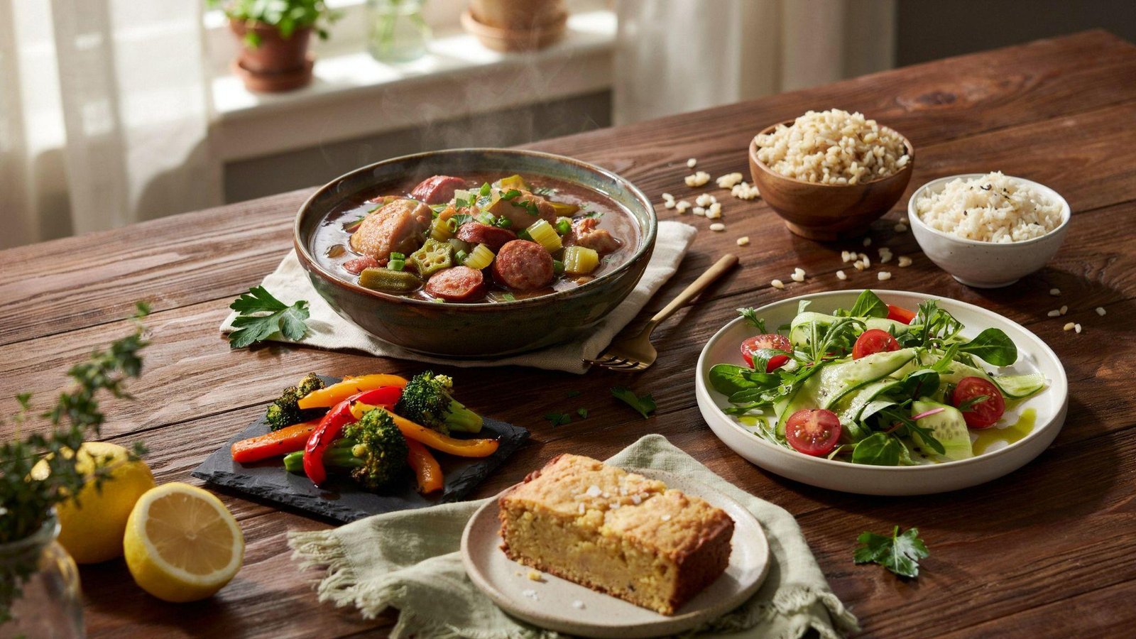 Healthy gumbo served with brown rice, cauliflower rice, green salad, roasted vegetables, and gluten-free cornbread.