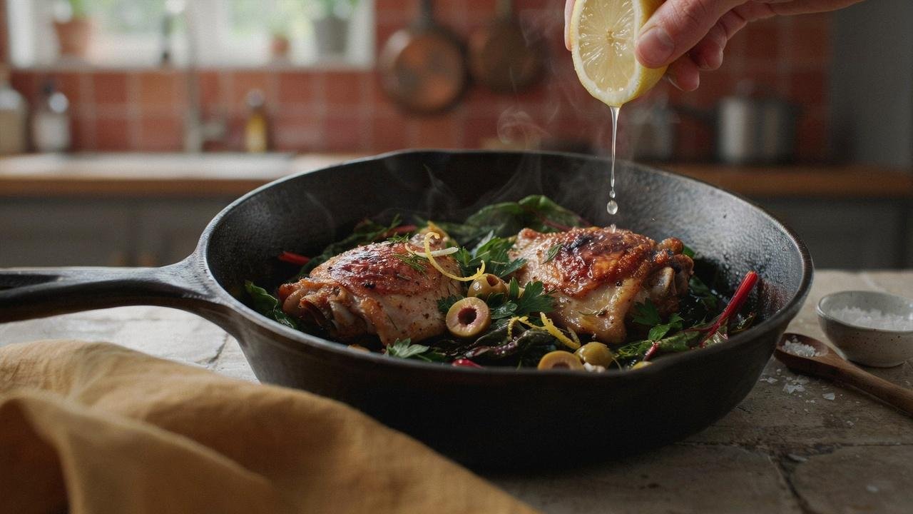 Chicken simmering with greens, herbs, olives, and fresh lemon juice.