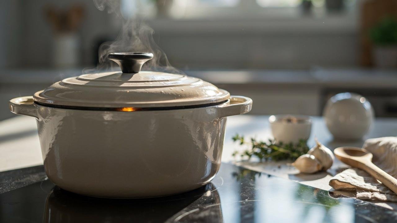 Covered saucepan gently simmering brown basmati rice on low heat.