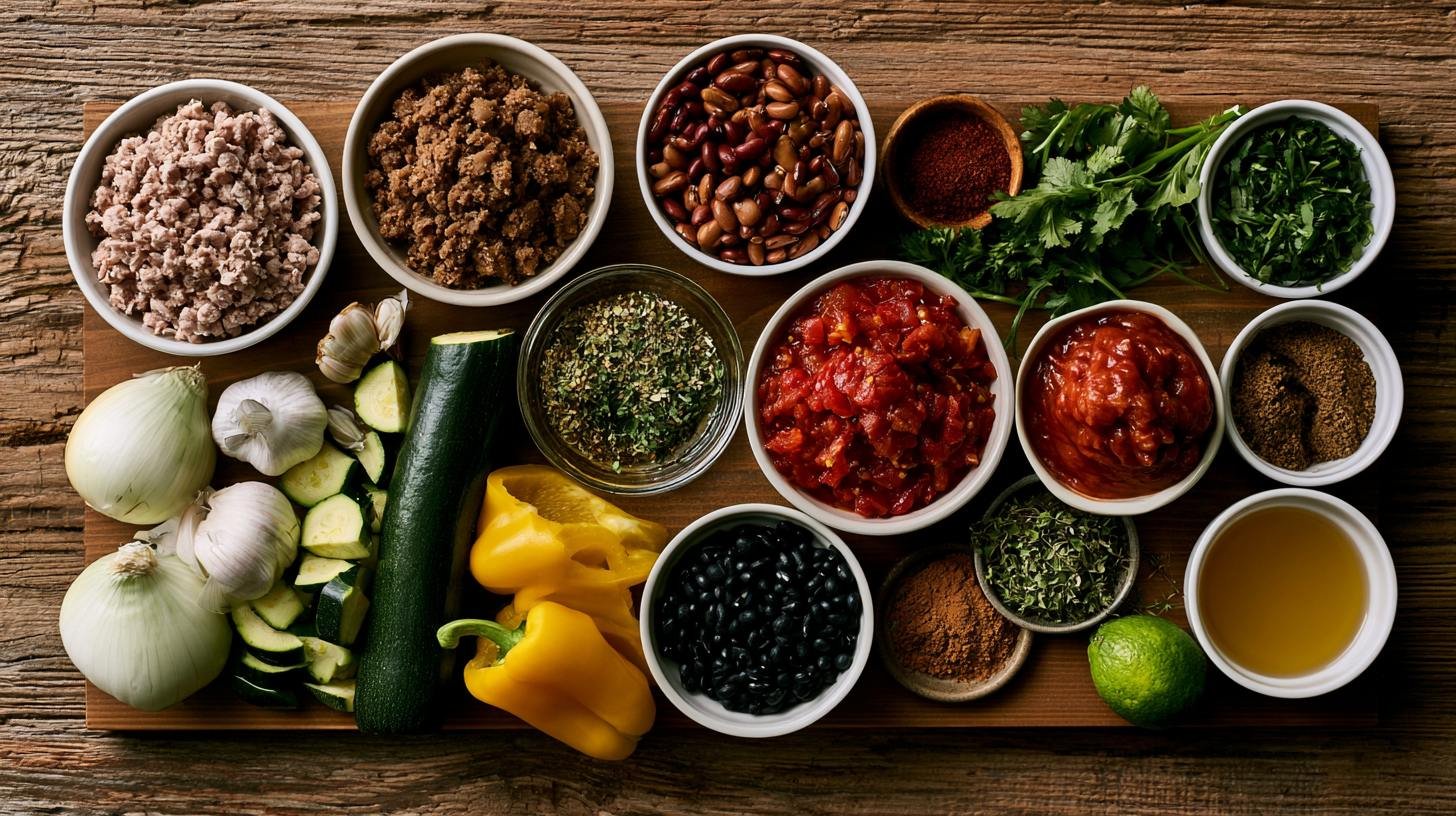Fresh healthy chili ingredients arranged on a wooden countertop.