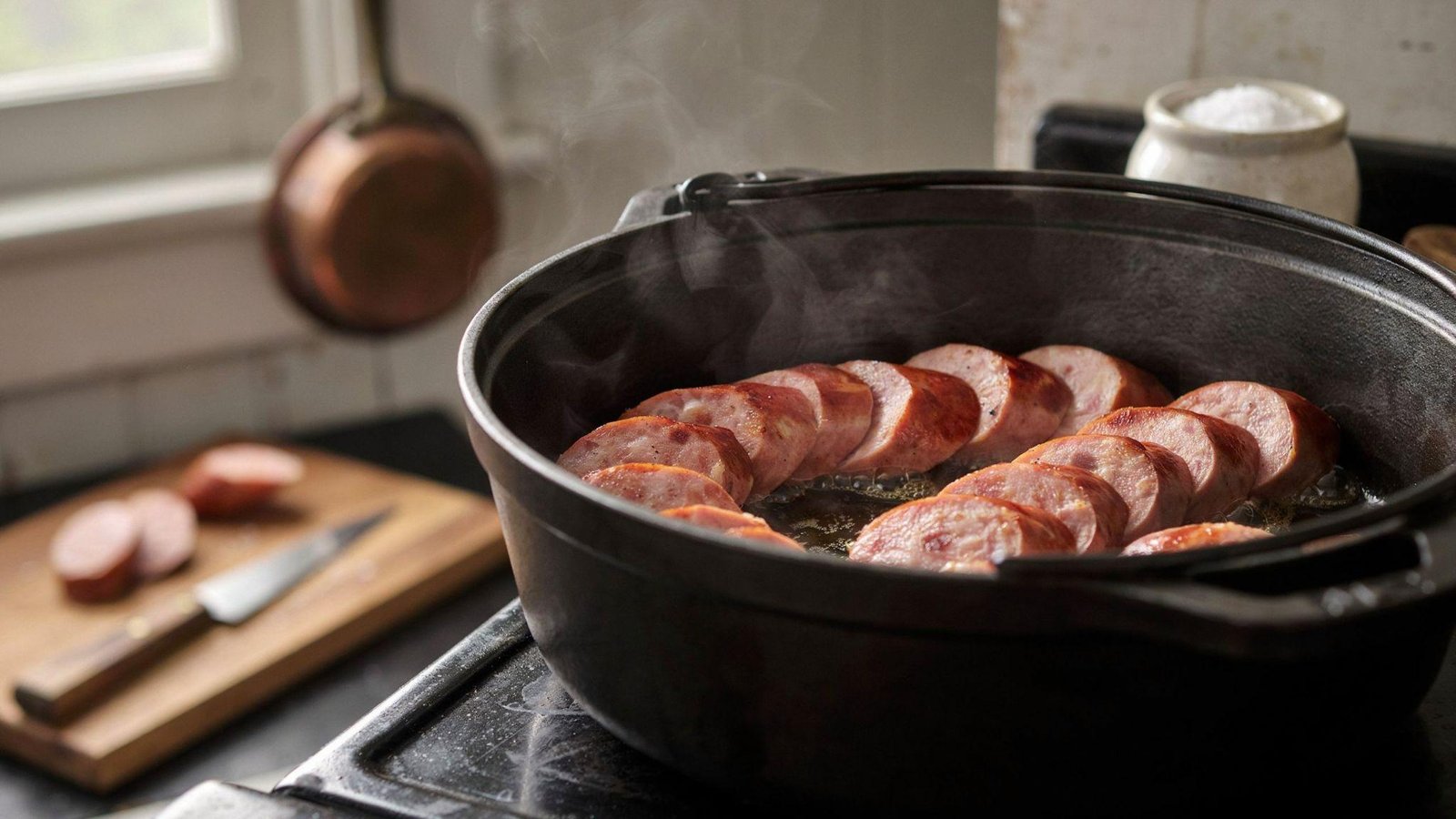 Turkey sausage slices browning in Dutch oven until golden and flavorful for healthy gumbo.