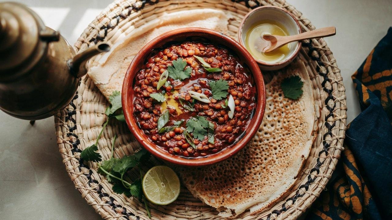 Authentic Misir Wot recipe served with traditional Ethiopian injera.