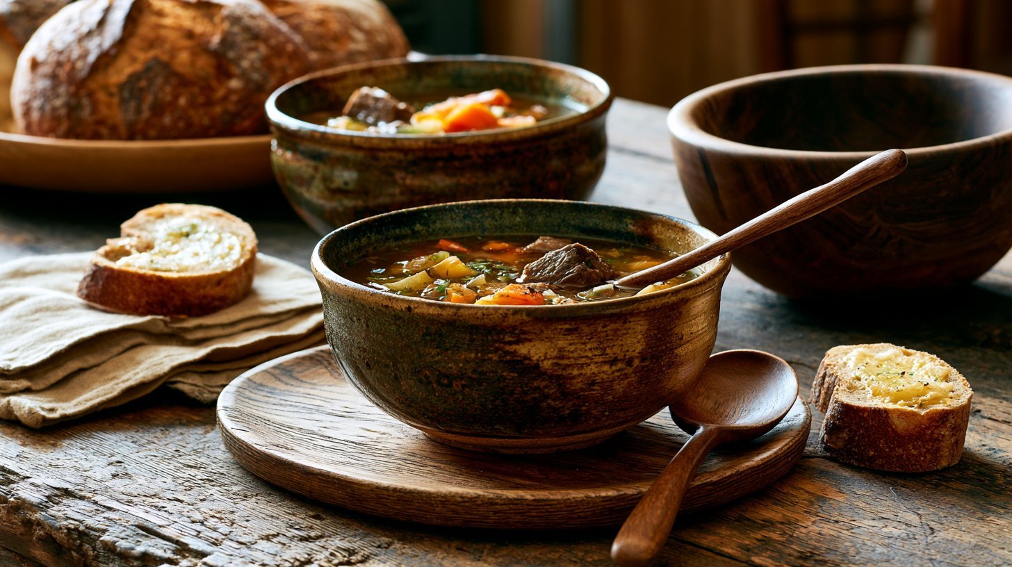 Homemade old fashioned vegetable beef soup served with crusty bread.