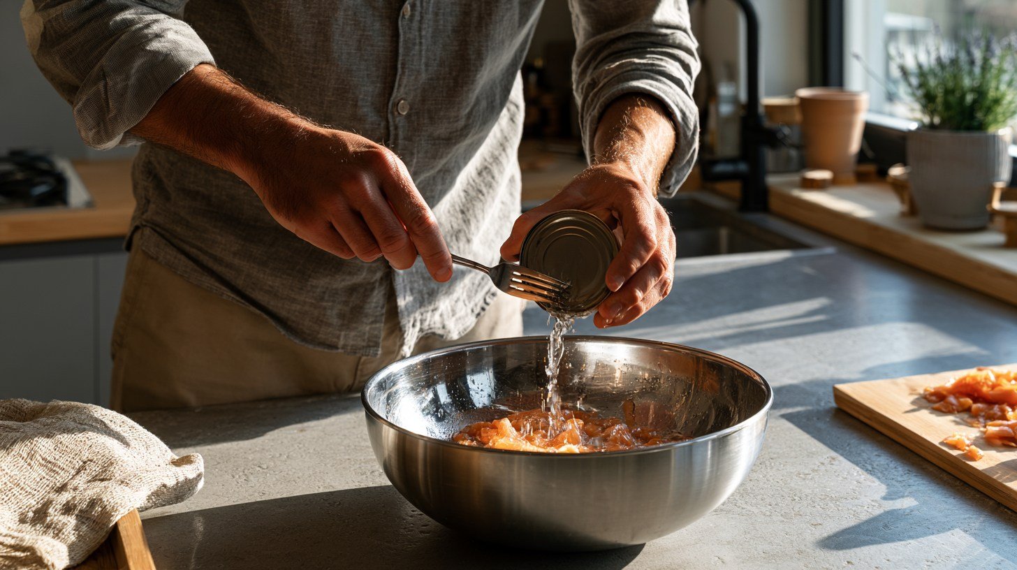 Draining and flaking canned salmon before mixing.