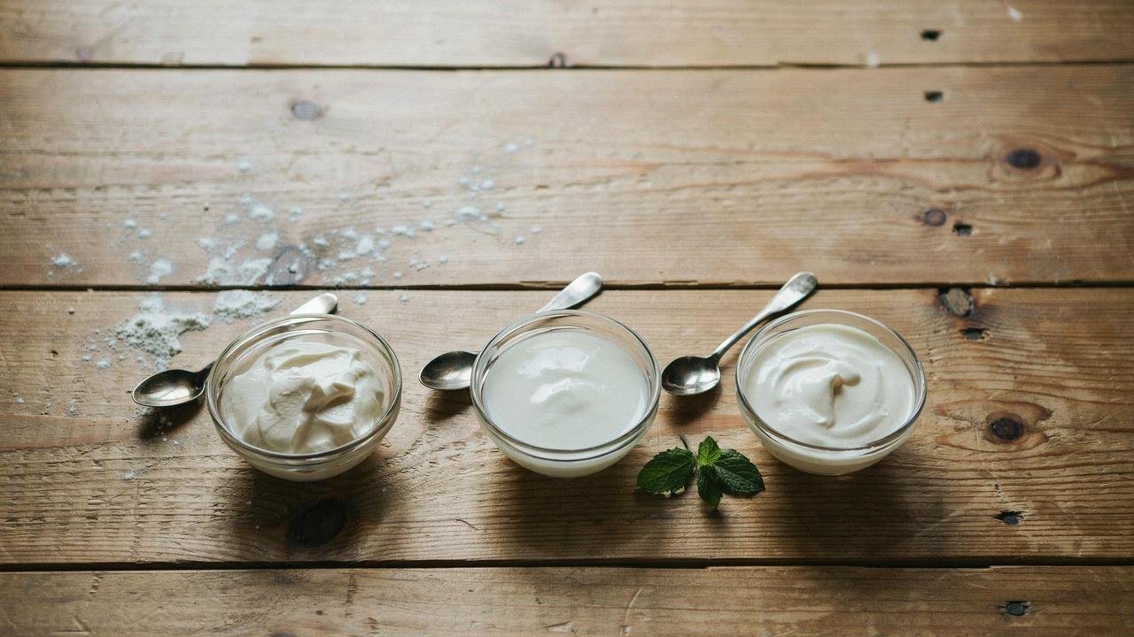Three bowls showing thick Greek yogurt, thin regular yogurt, and rich sour cream side by side.