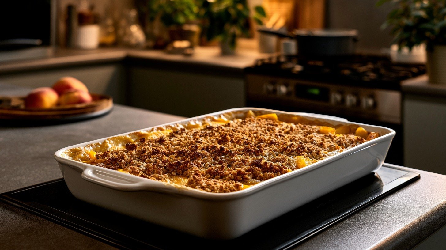 Freshly baked healthy peach crisp with golden oat topping.