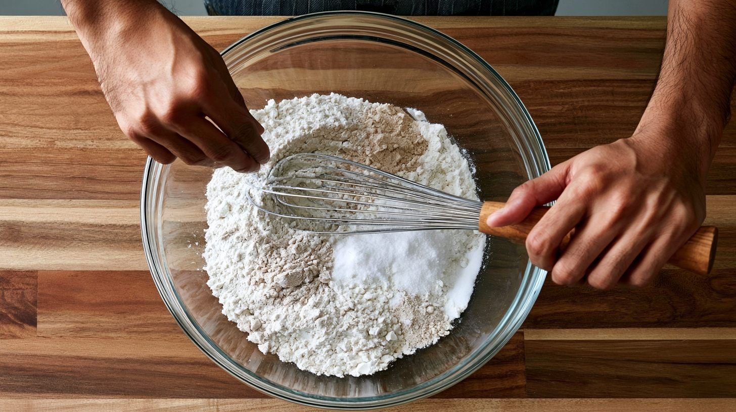 Mixing dry ingredients for Greek yogurt pancake batter.