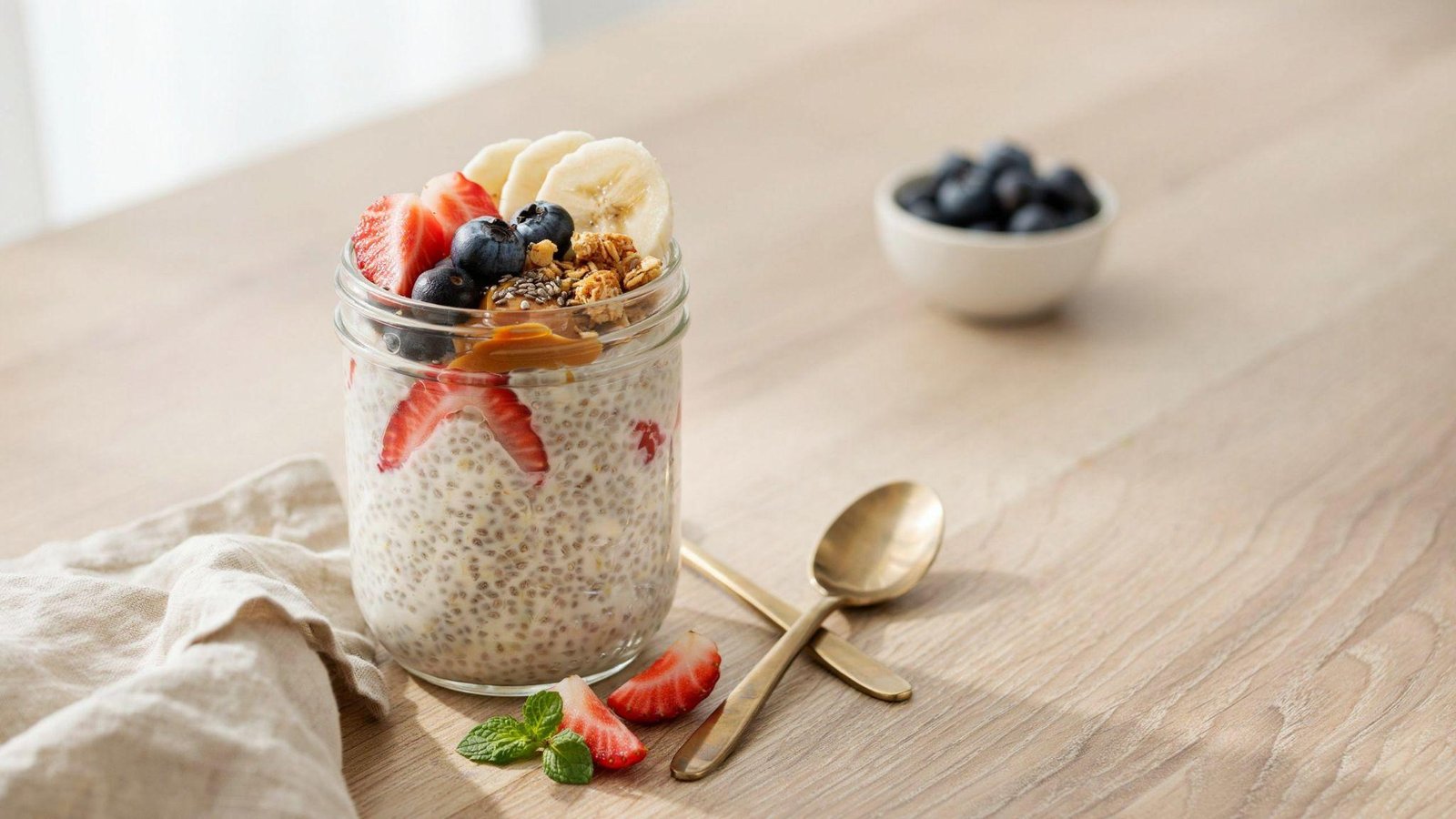 Creamy chia pudding topped with fresh fruit, granola, almond butter, and honey ready to serve.