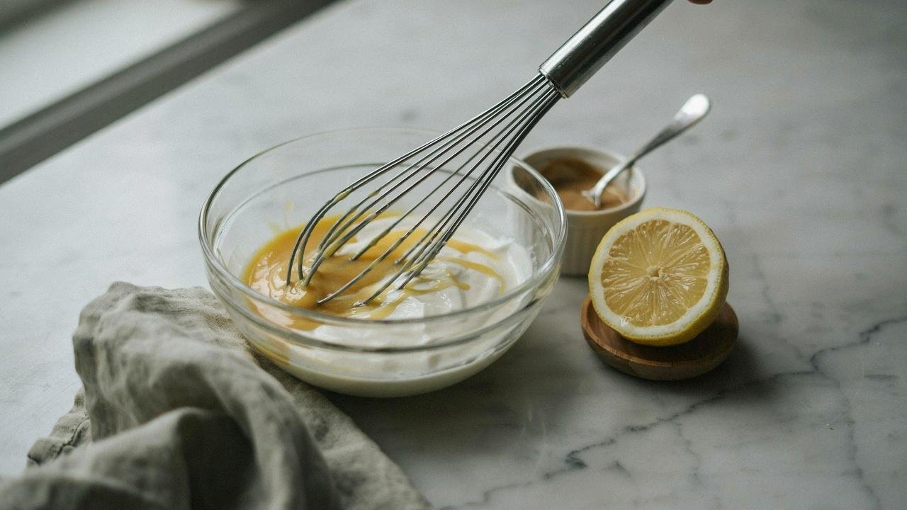 Greek yogurt dressing being whisked together with mustard and lemon juice in a glass bowl.
